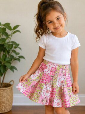 Hartstrings Cotton vintage pink floral lime green pockets Patchwork skorts 7